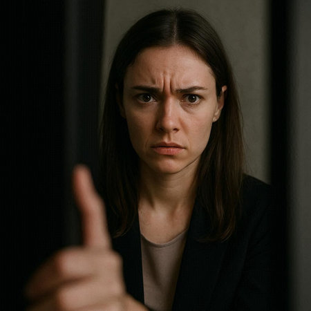 angry young woman in a black suit looks at the camera through the window