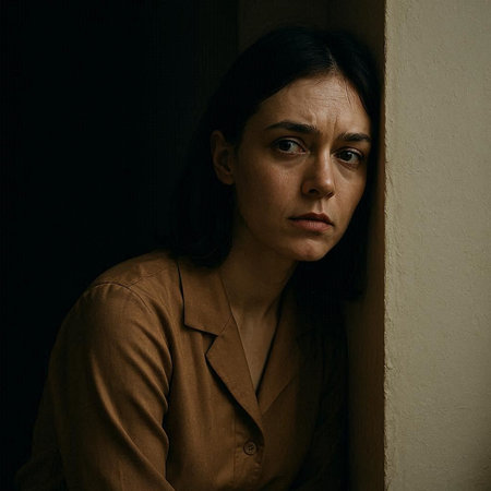 Portrait of a sad woman leaning against a wall in a dark room