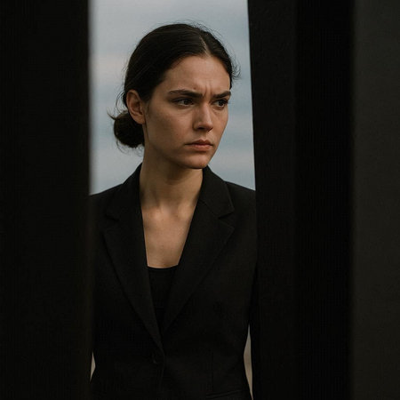 Portrait of a young beautiful brunette woman in a black suit.