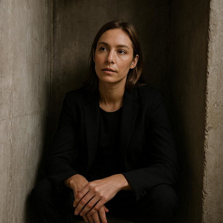 Portrait of a young woman in a black suit sitting on the wall