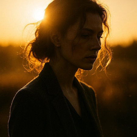 Portrait of a beautiful woman in the rays of the setting sun