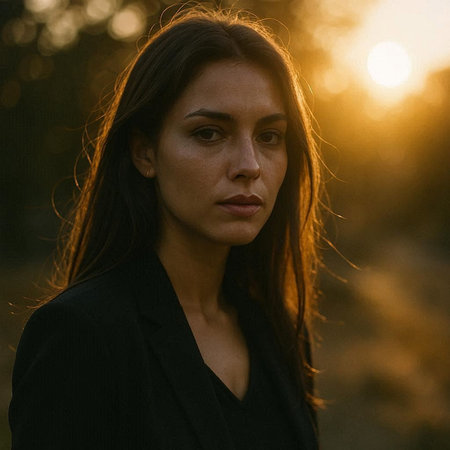 Portrait of a beautiful brunette girl in a black jacket on the background of the setting sun