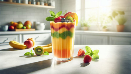 Fruit smoothie in a glass on a white table in the kitchen.