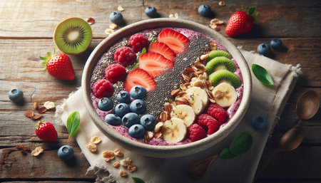 Chia seed pudding with berries and granola in bowl on wooden table