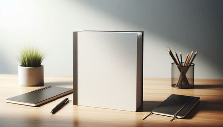Mockup of blank book with stationery on wooden table.