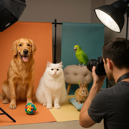 Photographer taking pictures of pets in studio. Golden Retriever, white cat and green parrot.