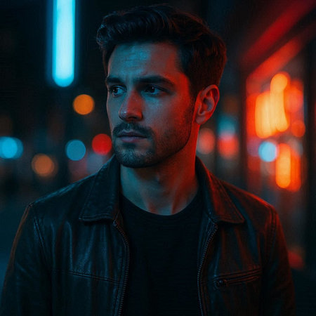 Portrait of a handsome man in the city at night. Men's beauty, fashion.