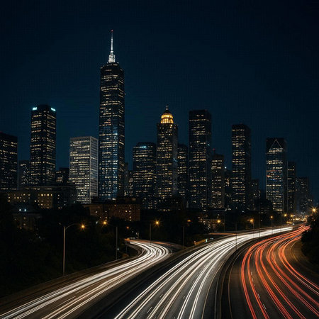 Chicago skyline at night with light trails on the road. USA.