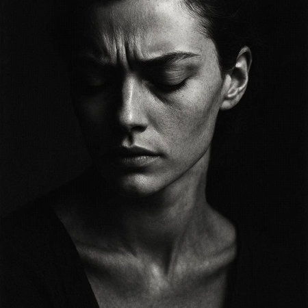 Black and white portrait of a beautiful young woman with closed eyes.