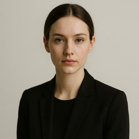 Portrait of a young woman in a black suit on a gray background