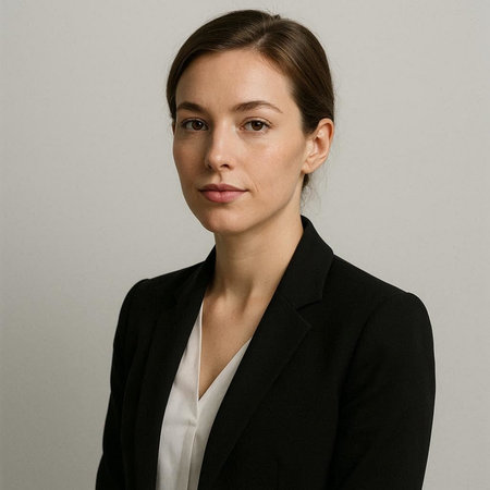 Portrait of a young business woman in a black suit on a gray background
