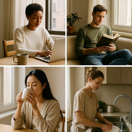 collage of young woman reading book while man using laptop in kitchenの写真素材