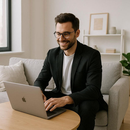 Cheerful young businessman working on laptop while sitting on sofa at home