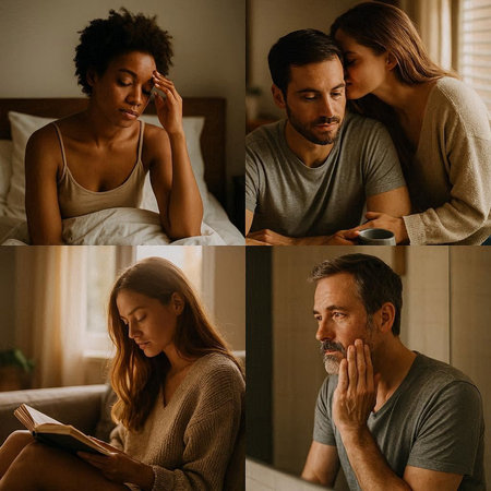 Collage of worried multiethnic couple talking on mobile phone while sitting in bed at homeの写真素材