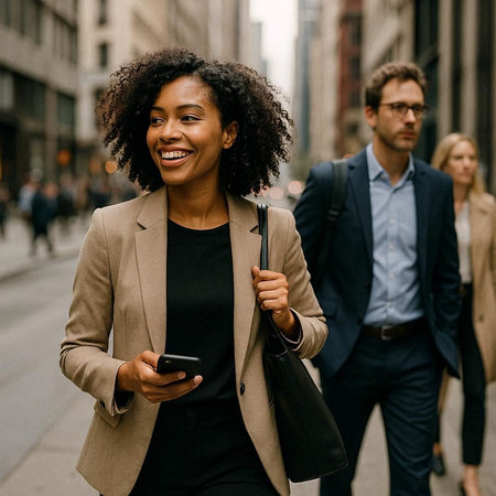 young african american businesswoman walking in the street with mobile phone