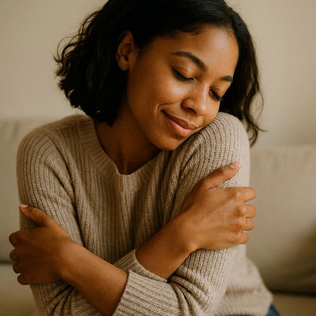 African american woman sitting on sofa at home and hugging herself.