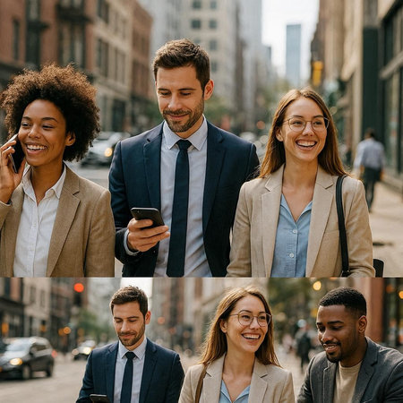 collage of smiling multicultural businesspeople using smartphones on street in city