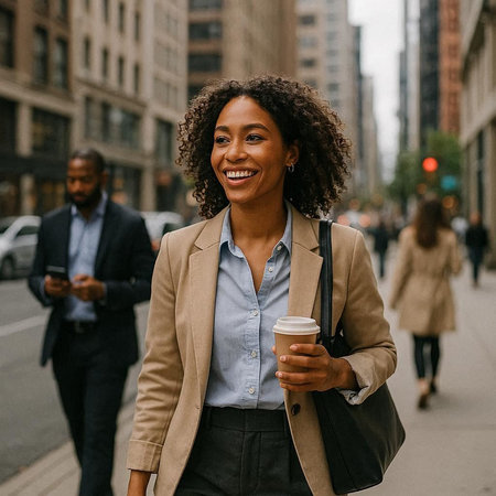 beautiful african american businesswoman with coffee walking in city