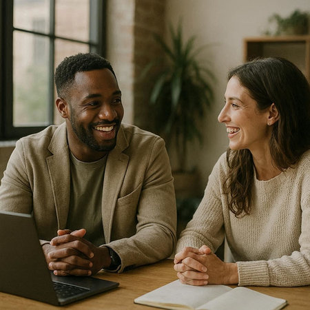 smiling african american man and caucasian woman sitting at table and using laptop