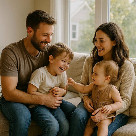 Happy family with two children sitting on sofa at home and laughing.