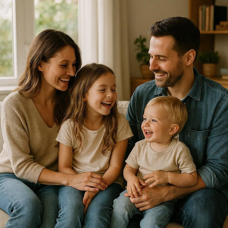 Happy family with two children at home. Mother, father and daughters sitting on sofa and laughing.