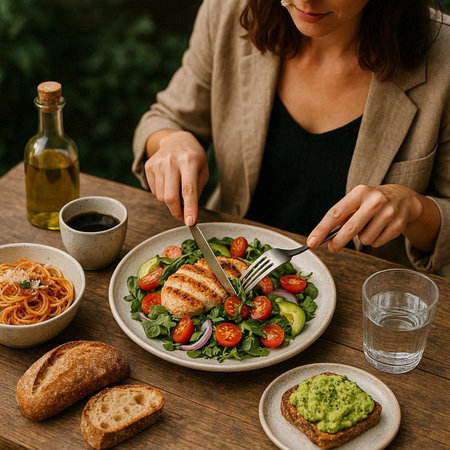 Cropped image of young woman eating healthy salad at table in cafe