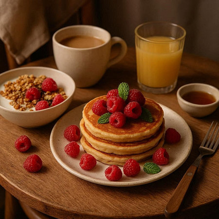 Pancakes with raspberries and honey on a wooden background