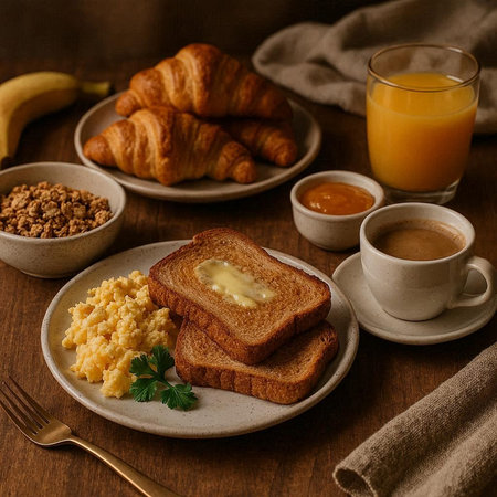 Breakfast with coffee, croissants, scrambled eggs and granola