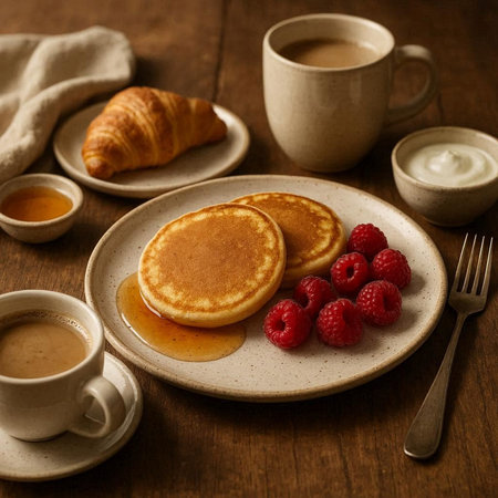 Breakfast with pancakes, raspberries and coffee on wooden table