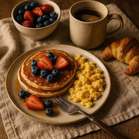Pancakes with fresh berries and coffee on a wooden background.