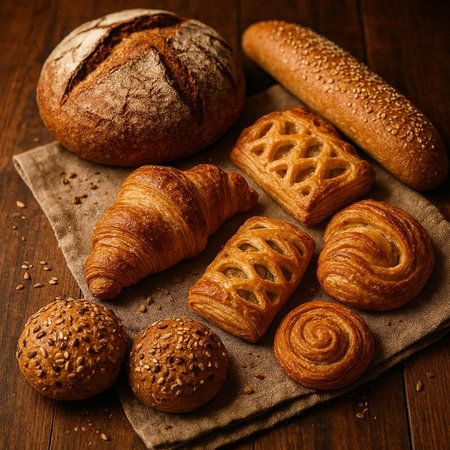 assortment of baked bread on wooden table, food closeup.