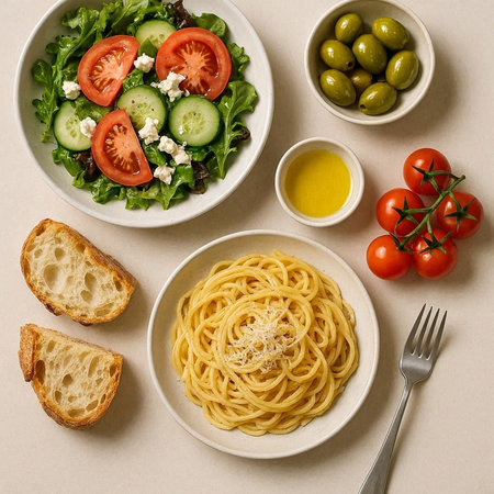 Spaghetti with olives, feta cheese and fresh salad on a light background