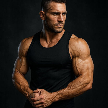 Portrait of a handsome muscular male bodybuilder posing over dark background.