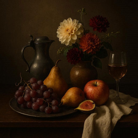 Still life with a glass of wine, fruits and flowers on a dark background