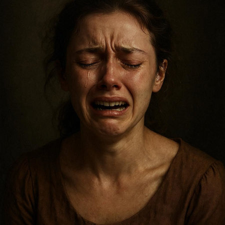 Portrait of a crying woman on a dark background. Studio shot.
