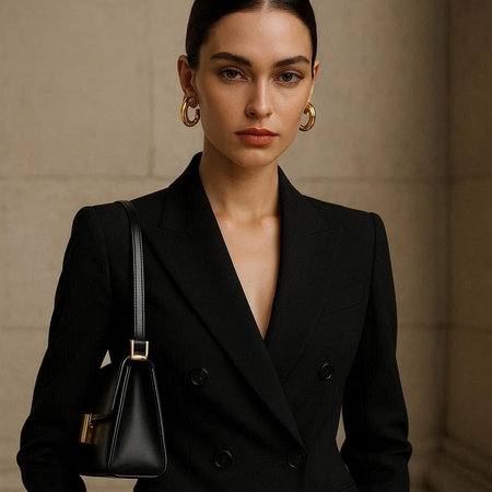 Fashion portrait of a beautiful woman in a black suit with a handbag
