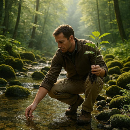 Man with a small plant in his hand on the background of a forest river