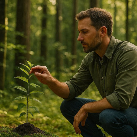 Handsome caucasian man in a green shirt and jeans is planting a tree in the forest