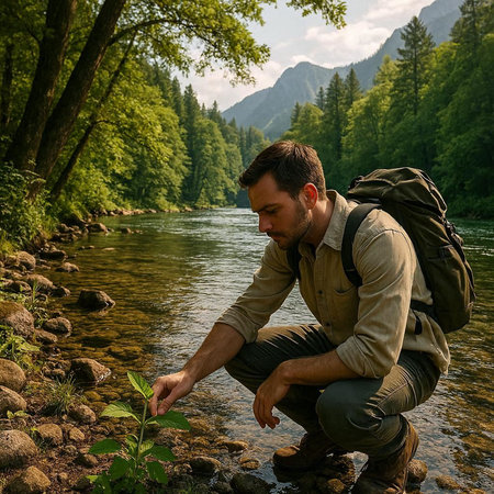 A man with a backpack on the banks of a mountain river.