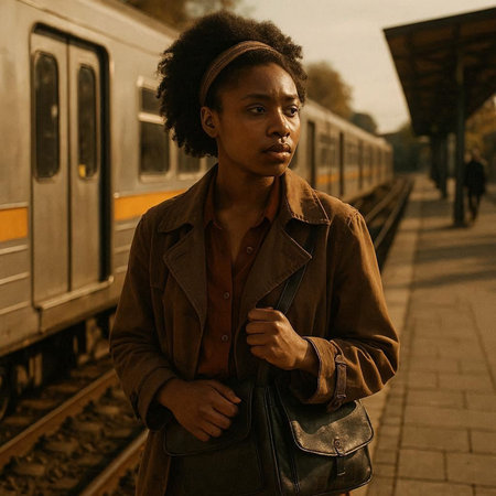 Fashionable african american man in a brown coat on the platform of a train station