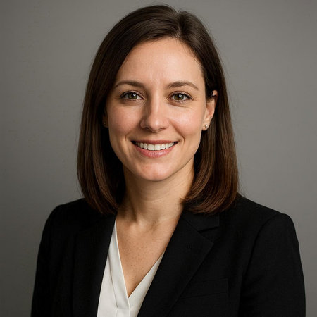 Portrait of a smiling businesswoman in front of a grey background