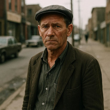 Portrait of an old man in a black cap on a city street