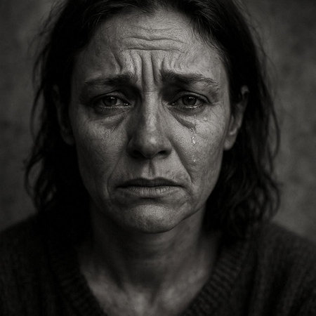 Portrait of an elderly woman with tears on her face. Black and white.