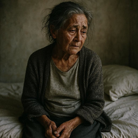 Portrait of an elderly Asian woman sitting on the bed at home.