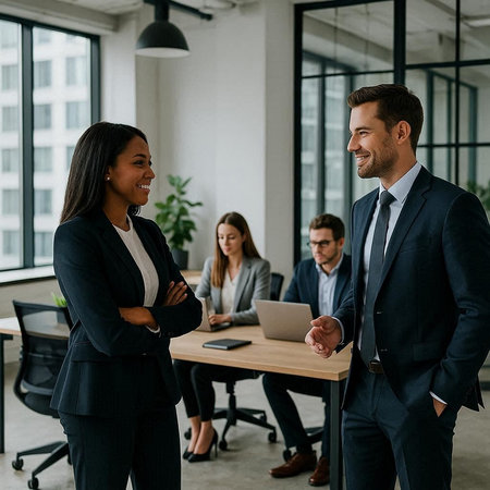 smiling business partners looking at each other while standing in modern office