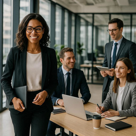 smiling african american businesswoman in eyeglasses holding laptop and looking at camera in office