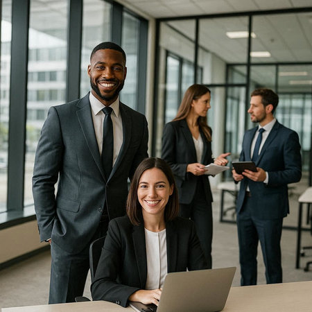 Portrait of smiling african american businesswoman with colleague in office