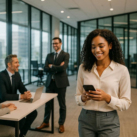 smiling african american businesswoman using smartphone in modern office