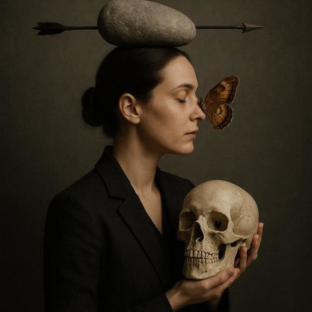 Portrait of a woman with a skull in her hands. Studio shot
