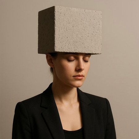 Young businesswoman in black suit with a concrete cube on her head